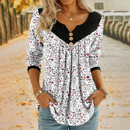 🌸✨ Vintage Blumenprint-Langarm-T-Shirt mit V-Ausschnitt – romantischer Look, atmungsaktiv & vielseitig – perfekt für Alltag, Büro & Freizeit
