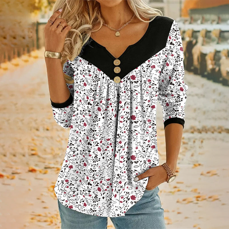 🌸✨ Vintage Blumenprint-Langarm-T-Shirt mit V-Ausschnitt – romantischer Look, atmungsaktiv & vielseitig – perfekt für Alltag, Büro & Freizeit