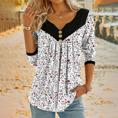 🌸✨ Vintage Blumenprint-Langarm-T-Shirt mit V-Ausschnitt – romantischer Look, atmungsaktiv & vielseitig – perfekt für Alltag, Büro & Freizeit