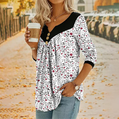 🌸✨ Vintage Blumenprint-Langarm-T-Shirt mit V-Ausschnitt – romantischer Look, atmungsaktiv & vielseitig – perfekt für Alltag, Büro & Freizeit