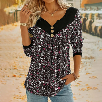 🌸✨ Vintage Blumenprint-Langarm-T-Shirt mit V-Ausschnitt – romantischer Look, atmungsaktiv & vielseitig – perfekt für Alltag, Büro & Freizeit