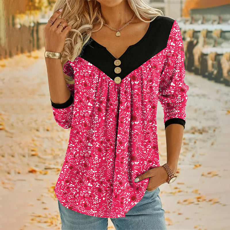 🌸✨ Vintage Blumenprint-Langarm-T-Shirt mit V-Ausschnitt – romantischer Look, atmungsaktiv & vielseitig – perfekt für Alltag, Büro & Freizeit