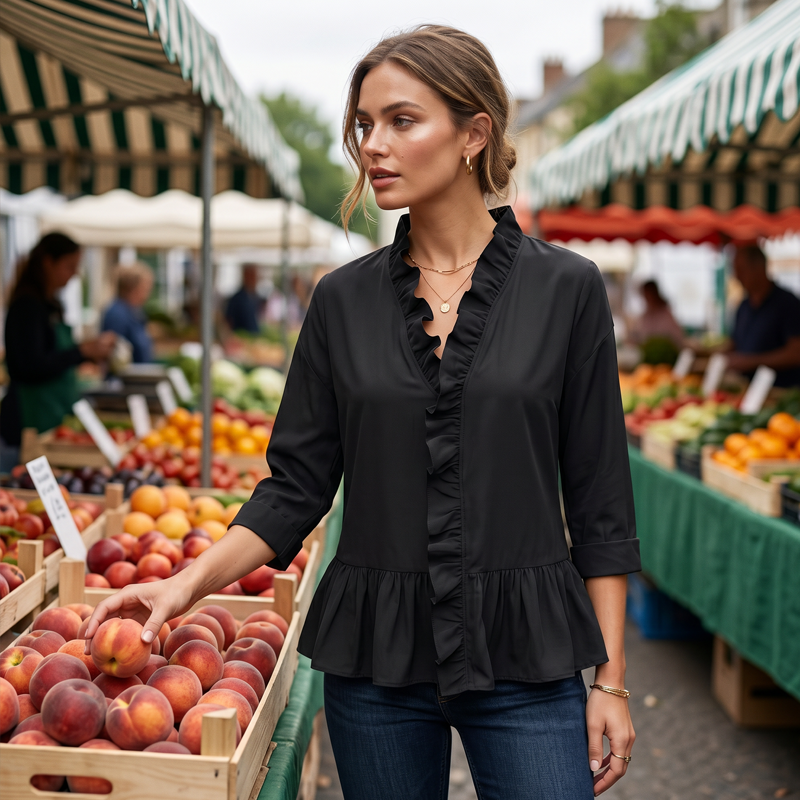 👚✨ Elegantes Damenoberteil mit Rüschen und V-Ausschnitt – feminin, luftig & vielseitig – perfekt für Alltag, Büro & besondere Anlässe
