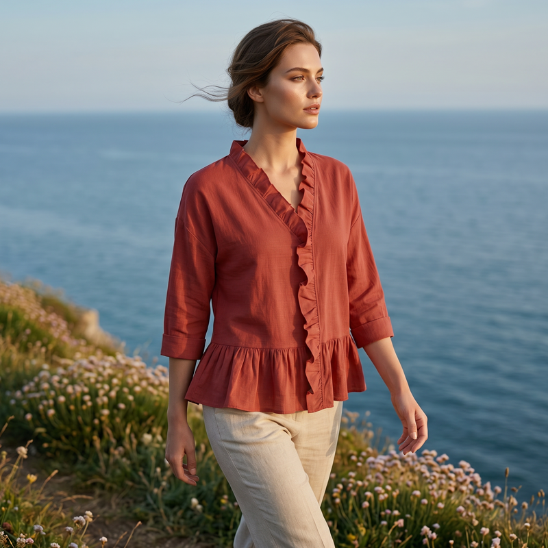 👚✨ Elegantes Damenoberteil mit Rüschen und V-Ausschnitt – feminin, luftig & vielseitig – perfekt für Alltag, Büro & besondere Anlässe