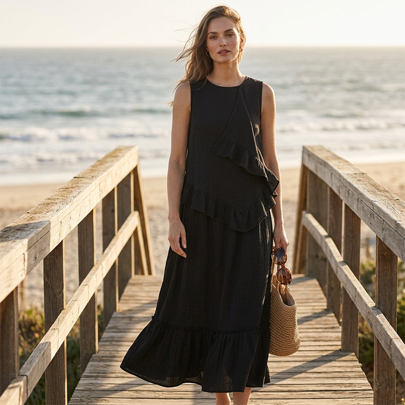 📦 Täglich 500+ Pakete versendet – der Wahnsinn! 🌺Ärmelloses Maxikleid mit Rüschen für Damen