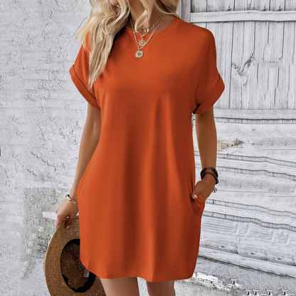 👗 Damen-Tunika-Kleid mit Rundhals – einfarbig, lockere Passform mit praktischen Taschen, vielseitig & bequem für Alltag, Freizeit & Reisen 🌿