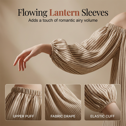 👗 60% RABATT! 🎁 Damen schulterfreies Maxi-Kleid mit Laternenärmeln – Romantisch & luftig – Perfekt für Sommer, Beachpartys oder elegante Abende – femininer Look mit viel Bewegung 🌸✨