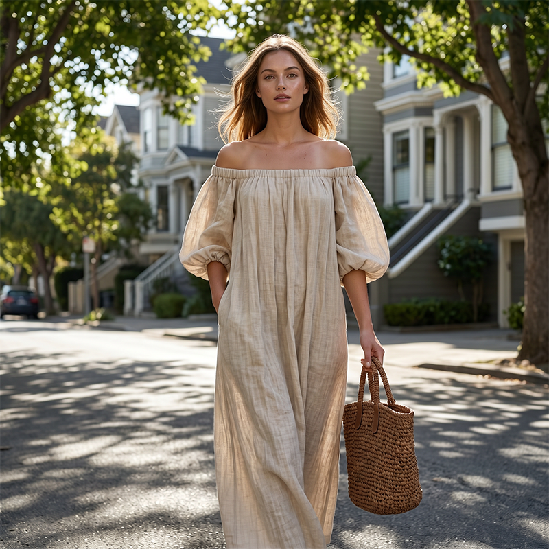 👗 60% RABATT! 🎁 Damen schulterfreies Maxi-Kleid mit Laternenärmeln – Romantisch & luftig – Perfekt für Sommer, Beachpartys oder elegante Abende – femininer Look mit viel Bewegung 🌸✨