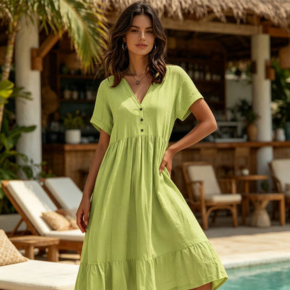 ）  👗 Women's V-Neck Short Sleeve Ruffled Midi Dress – schmeichelhafter Ausschnitt, verspielte Rüschen & vielseitig – perfekt für warme Tage, Büro & besondere Anlässe