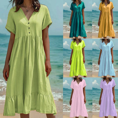 ）  👗 Women's V-Neck Short Sleeve Ruffled Midi Dress – schmeichelhafter Ausschnitt, verspielte Rüschen & vielseitig – perfekt für warme Tage, Büro & besondere Anlässe