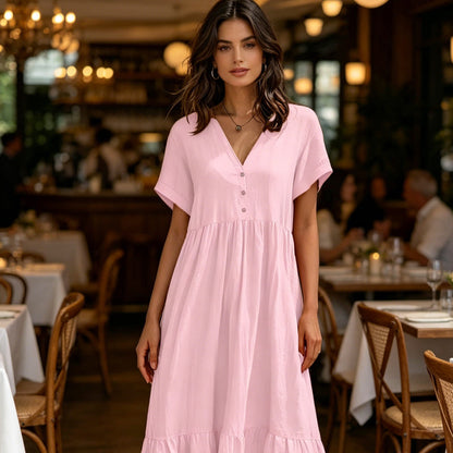 ）  👗 Women's V-Neck Short Sleeve Ruffled Midi Dress – schmeichelhafter Ausschnitt, verspielte Rüschen & vielseitig – perfekt für warme Tage, Büro & besondere Anlässe
