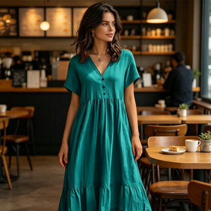 ）  👗 Women's V-Neck Short Sleeve Ruffled Midi Dress – schmeichelhafter Ausschnitt, verspielte Rüschen & vielseitig – perfekt für warme Tage, Büro & besondere Anlässe