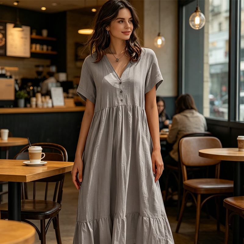 ）  👗 Women's V-Neck Short Sleeve Ruffled Midi Dress – schmeichelhafter Ausschnitt, verspielte Rüschen & vielseitig – perfekt für warme Tage, Büro & besondere Anlässe