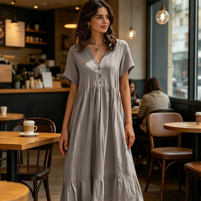 ）  👗 Women's V-Neck Short Sleeve Ruffled Midi Dress – schmeichelhafter Ausschnitt, verspielte Rüschen & vielseitig – perfekt für warme Tage, Büro & besondere Anlässe