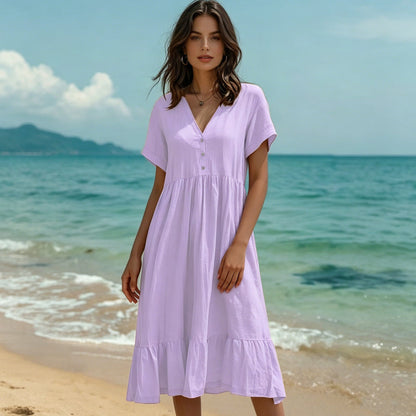 ）  👗 Women's V-Neck Short Sleeve Ruffled Midi Dress – schmeichelhafter Ausschnitt, verspielte Rüschen & vielseitig – perfekt für warme Tage, Büro & besondere Anlässe