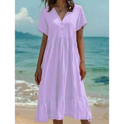 ）  👗 Women's V-Neck Short Sleeve Ruffled Midi Dress – schmeichelhafter Ausschnitt, verspielte Rüschen & vielseitig – perfekt für warme Tage, Büro & besondere Anlässe