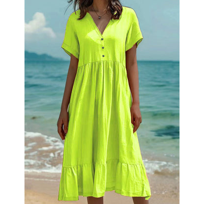 ）  👗 Women's V-Neck Short Sleeve Ruffled Midi Dress – schmeichelhafter Ausschnitt, verspielte Rüschen & vielseitig – perfekt für warme Tage, Büro & besondere Anlässe