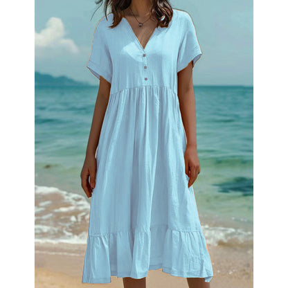 ）  👗 Women's V-Neck Short Sleeve Ruffled Midi Dress – schmeichelhafter Ausschnitt, verspielte Rüschen & vielseitig – perfekt für warme Tage, Büro & besondere Anlässe