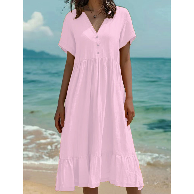 ）  👗 Women's V-Neck Short Sleeve Ruffled Midi Dress – schmeichelhafter Ausschnitt, verspielte Rüschen & vielseitig – perfekt für warme Tage, Büro & besondere Anlässe