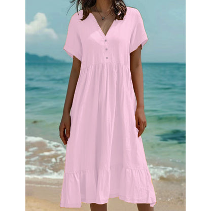 ）  👗 Women's V-Neck Short Sleeve Ruffled Midi Dress – schmeichelhafter Ausschnitt, verspielte Rüschen & vielseitig – perfekt für warme Tage, Büro & besondere Anlässe