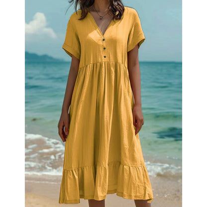 ）  👗 Women's V-Neck Short Sleeve Ruffled Midi Dress – schmeichelhafter Ausschnitt, verspielte Rüschen & vielseitig – perfekt für warme Tage, Büro & besondere Anlässe