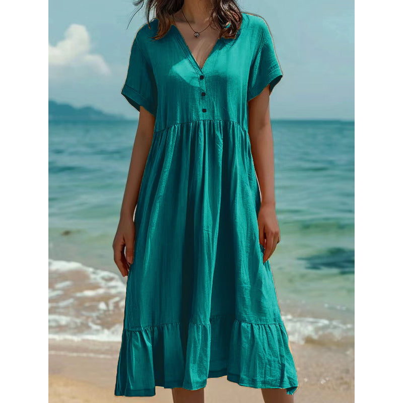 ）  👗 Women's V-Neck Short Sleeve Ruffled Midi Dress – schmeichelhafter Ausschnitt, verspielte Rüschen & vielseitig – perfekt für warme Tage, Büro & besondere Anlässe