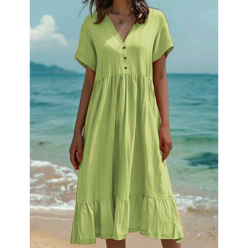 ）  👗 Women's V-Neck Short Sleeve Ruffled Midi Dress – schmeichelhafter Ausschnitt, verspielte Rüschen & vielseitig – perfekt für warme Tage, Büro & besondere Anlässe