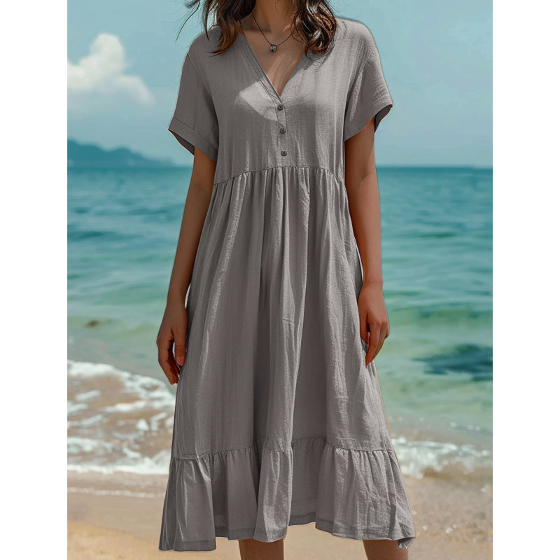 ）  👗 Women's V-Neck Short Sleeve Ruffled Midi Dress – schmeichelhafter Ausschnitt, verspielte Rüschen & vielseitig – perfekt für warme Tage, Büro & besondere Anlässe