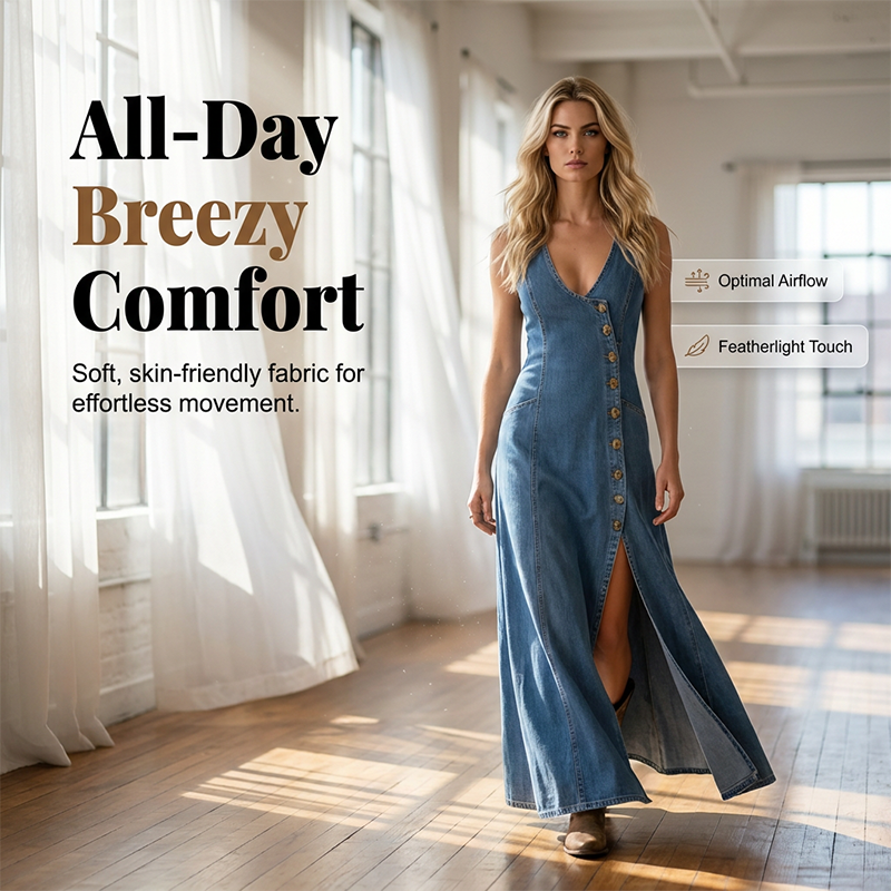 👗 Ärmelloses Maxikleid aus Denim mit V-Ausschnitt und Knopfleiste – lässiger Look, figurschmeichelnd & vielseitig – perfekt für Alltag, Strand & Freizeit
