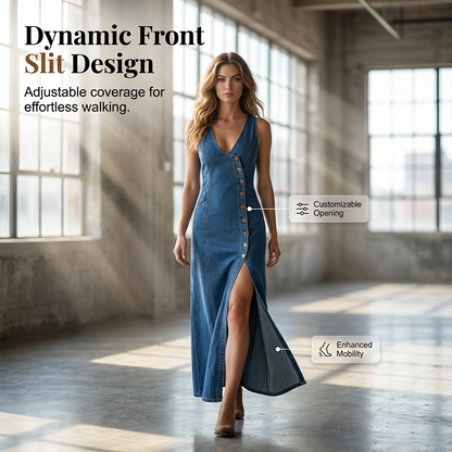 👗 Ärmelloses Maxikleid aus Denim mit V-Ausschnitt und Knopfleiste – lässiger Look, figurschmeichelnd & vielseitig – perfekt für Alltag, Strand & Freizeit