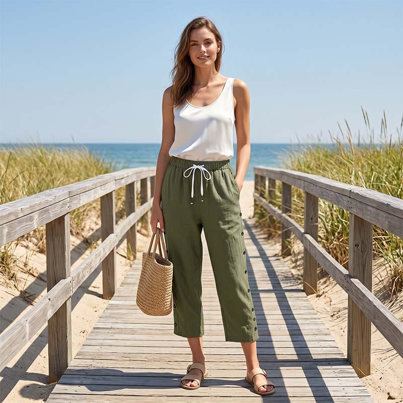 👖 Damen Freizeit-Caprihose mit seitlichen Knöpfen – lässiger Look, bequeme Passform & vielseitig – perfekt für Alltag, Strand & Reisen | Versandfrei