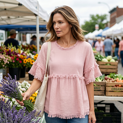 👚 Lässiges Damenoberteil mit Fransenbesatz und Rüschenärmeln – femininer Boho-Look, luftig & vielseitig – perfekt für warme Tage, Strand & Freizeit