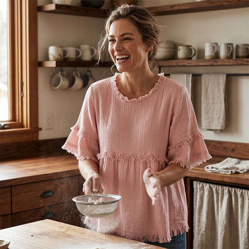 👚 Lässiges Damenoberteil mit Fransenbesatz und Rüschenärmeln – femininer Boho-Look, luftig & vielseitig – perfekt für warme Tage, Strand & Freizeit