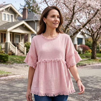 👚 Lässiges Damenoberteil mit Fransenbesatz und Rüschenärmeln – femininer Boho-Look, luftig & vielseitig – perfekt für warme Tage, Strand & Freizeit
