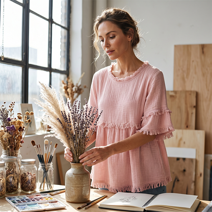 👚 Lässiges Damenoberteil mit Fransenbesatz und Rüschenärmeln – femininer Boho-Look, luftig & vielseitig – perfekt für warme Tage, Strand & Freizeit