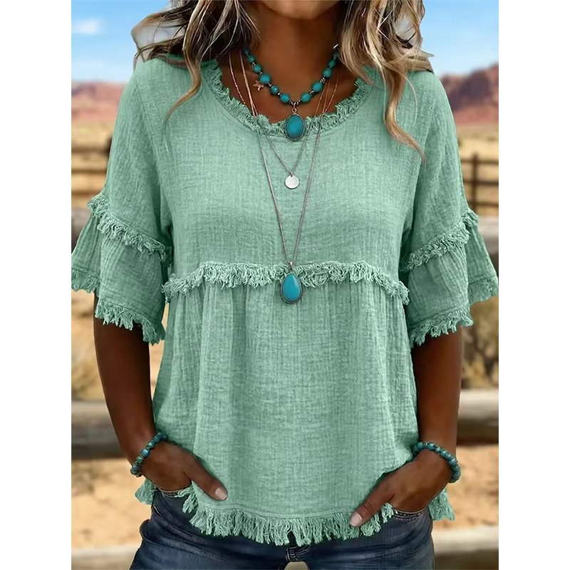 👚 Lässiges Damenoberteil mit Fransenbesatz und Rüschenärmeln – femininer Boho-Look, luftig & vielseitig – perfekt für warme Tage, Strand & Freizeit