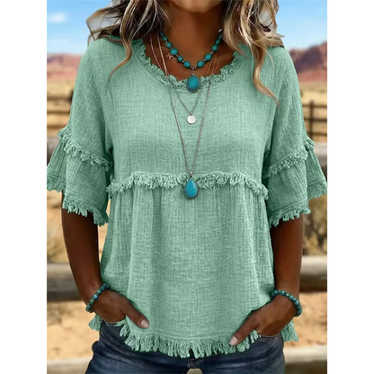 👚 Lässiges Damenoberteil mit Fransenbesatz und Rüschenärmeln – femininer Boho-Look, luftig & vielseitig – perfekt für warme Tage, Strand & Freizeit