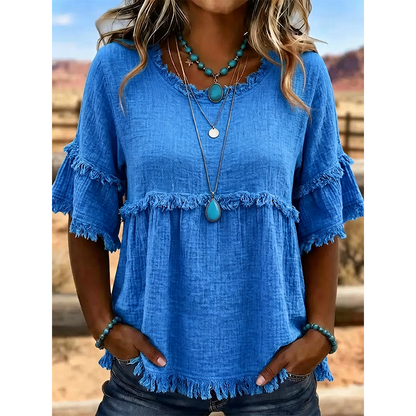 👚 Lässiges Damenoberteil mit Fransenbesatz und Rüschenärmeln – femininer Boho-Look, luftig & vielseitig – perfekt für warme Tage, Strand & Freizeit