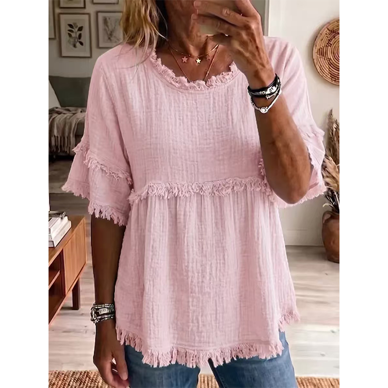 👚 Lässiges Damenoberteil mit Fransenbesatz und Rüschenärmeln – femininer Boho-Look, luftig & vielseitig – perfekt für warme Tage, Strand & Freizeit