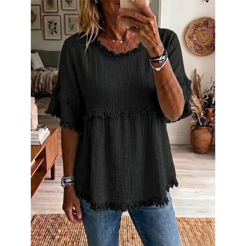 👚 Lässiges Damenoberteil mit Fransenbesatz und Rüschenärmeln – femininer Boho-Look, luftig & vielseitig – perfekt für warme Tage, Strand & Freizeit