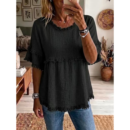 👚 Lässiges Damenoberteil mit Fransenbesatz und Rüschenärmeln – femininer Boho-Look, luftig & vielseitig – perfekt für warme Tage, Strand & Freizeit