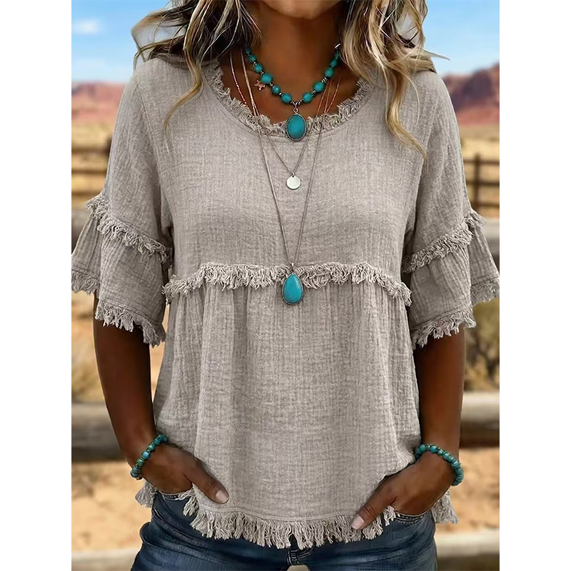 👚 Lässiges Damenoberteil mit Fransenbesatz und Rüschenärmeln – femininer Boho-Look, luftig & vielseitig – perfekt für warme Tage, Strand & Freizeit