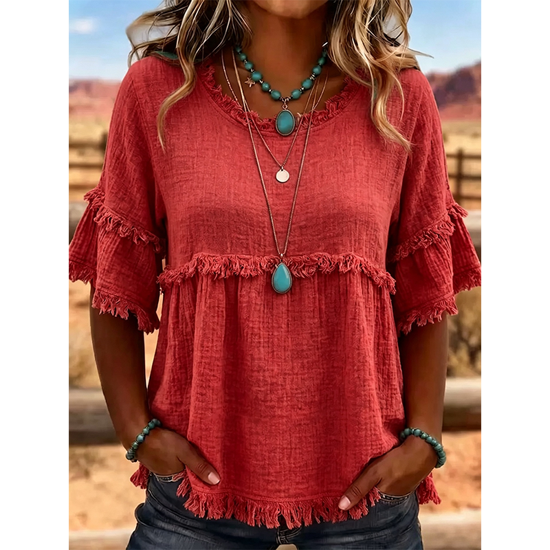 👚 Lässiges Damenoberteil mit Fransenbesatz und Rüschenärmeln – femininer Boho-Look, luftig & vielseitig – perfekt für warme Tage, Strand & Freizeit