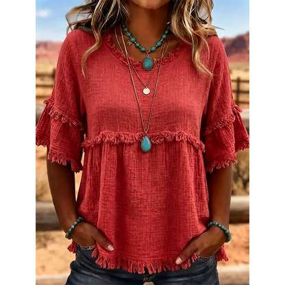 👚 Lässiges Damenoberteil mit Fransenbesatz und Rüschenärmeln – femininer Boho-Look, luftig & vielseitig – perfekt für warme Tage, Strand & Freizeit