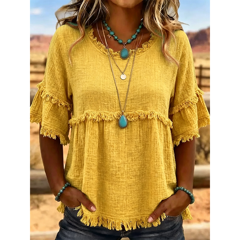 👚 Lässiges Damenoberteil mit Fransenbesatz und Rüschenärmeln – femininer Boho-Look, luftig & vielseitig – perfekt für warme Tage, Strand & Freizeit