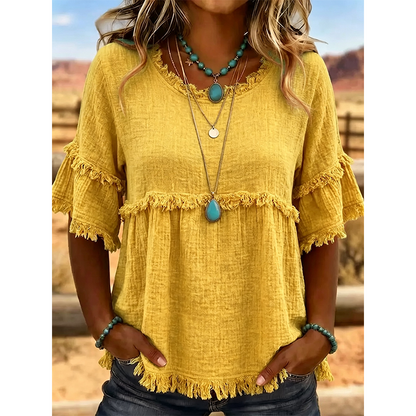 👚 Lässiges Damenoberteil mit Fransenbesatz und Rüschenärmeln – femininer Boho-Look, luftig & vielseitig – perfekt für warme Tage, Strand & Freizeit