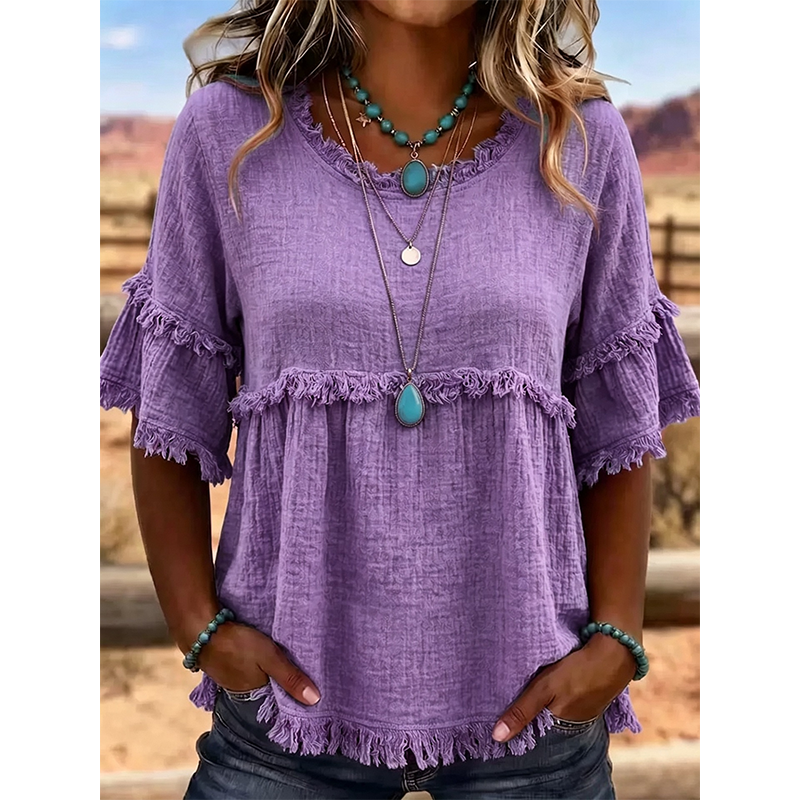 👚 Lässiges Damenoberteil mit Fransenbesatz und Rüschenärmeln – femininer Boho-Look, luftig & vielseitig – perfekt für warme Tage, Strand & Freizeit