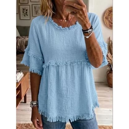👚 Lässiges Damenoberteil mit Fransenbesatz und Rüschenärmeln – femininer Boho-Look, luftig & vielseitig – perfekt für warme Tage, Strand & Freizeit