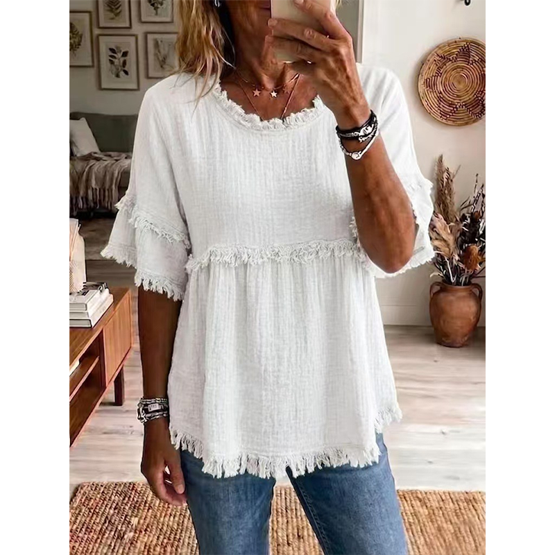 👚 Lässiges Damenoberteil mit Fransenbesatz und Rüschenärmeln – femininer Boho-Look, luftig & vielseitig – perfekt für warme Tage, Strand & Freizeit