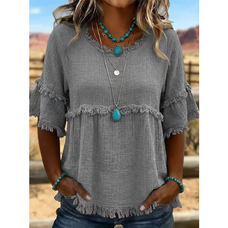 👚 Lässiges Damenoberteil mit Fransenbesatz und Rüschenärmeln – femininer Boho-Look, luftig & vielseitig – perfekt für warme Tage, Strand & Freizeit